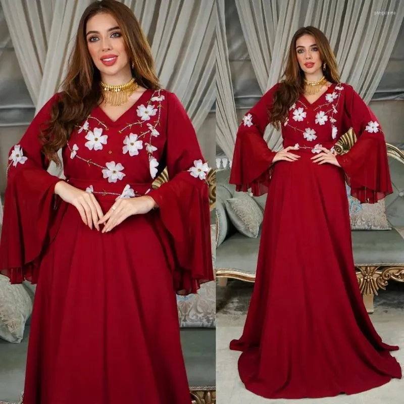 Ethnic Clothing Flower Abaya Eid Ramadan Djellaba Women Muslim Maxi Dress Flare Sleeve Party Gown Dubai Turkey Kaftan Islamic Jalabiya Robe