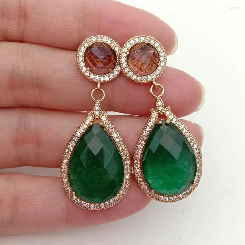 Boucles d'oreilles Stud Kkgem Gift Day's Day 18x29mm Green Jade Tedout Crystal CZ Pave Style pour les femmes