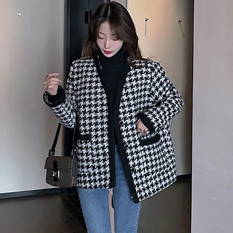 Women's Jackets Korean Style Loose Tweed Jacket Women Chic Blend Wool Houndstooth Coat Ladies Spring singlebreasted Outwear With Pockets 221121