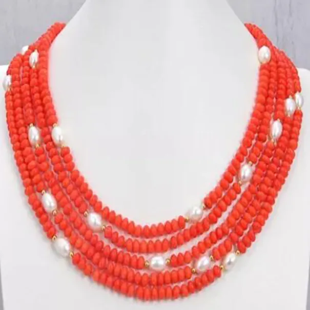 Smycken utmärkta 5Strands White Pearl Orange Coral Necklace