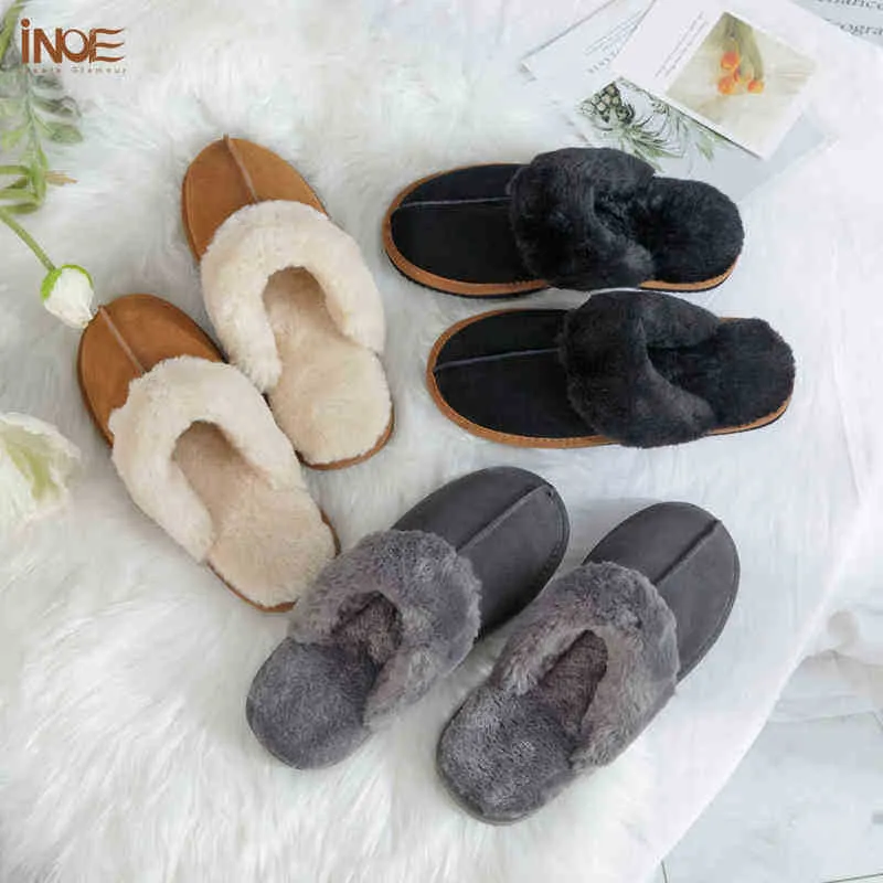 Inoe vache daim peluche fourrure doublée femmes pantoufles d'hiver décontractées demi intérieur maison chaussures chaud confortable maison loisirs appartements J220716