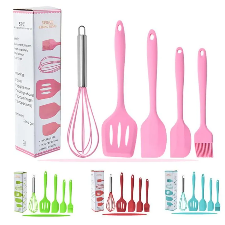 5pcs/lot Silicone Cooking Tool Sets Includes Small Brush Scraper Large Scraper Egg Beater Spatula for Baking and Mixing Wholesale P1121