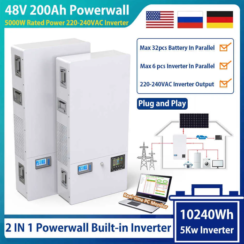 48V 200Ah LifePO4 Powerwall Batteria 10240W. Incorporato 16s 200A BMS 220-240VAC 5KW Plug inverter Play per Solar Off/On Grid No Tax