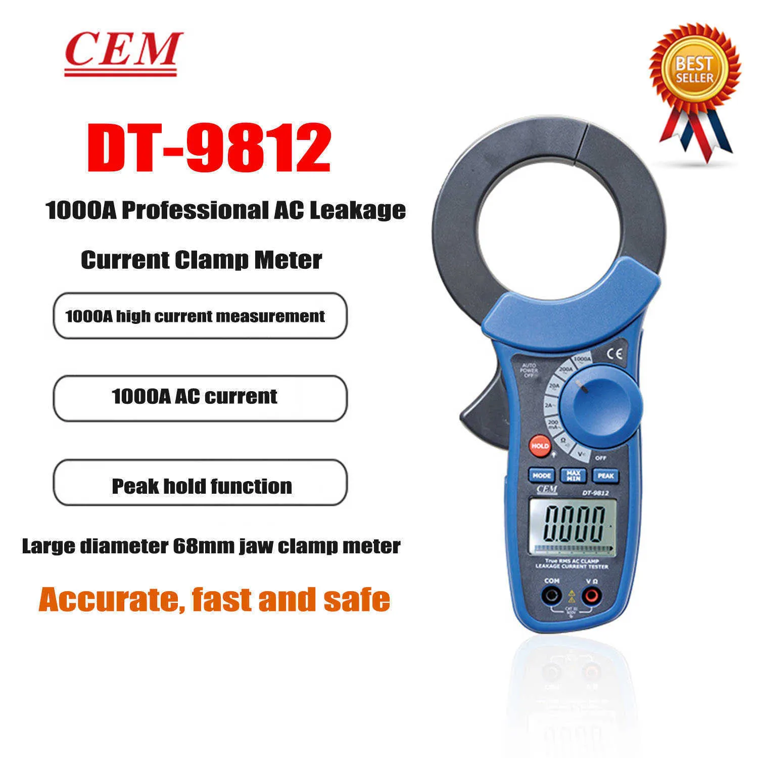 CEM DT-9812 Утечка тока переменного тока Мультиметровый счетчик зажимной измеритель 68 мм.