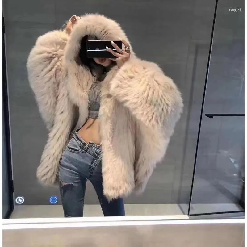 여자 모피 2022 여성 가을 ​​겨울 가짜 후드 코트 암컷 느슨한 모방 재킷 숙녀 단색 따뜻한웨어 M625