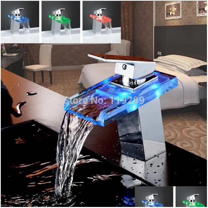 Bathroom Sink Faucets Bathroom Waterfall Led Faucet. Glass Water Fall Brass Basin Mixer Tap Deck Mounted Sink Drop Delivery Home Gar Dhl59