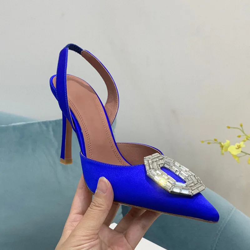 Dames lente zomer kristal satijn slingback pomp schoenen sandaal luxe ontwerper hoge stiletto hiel sexy puntige teen teen