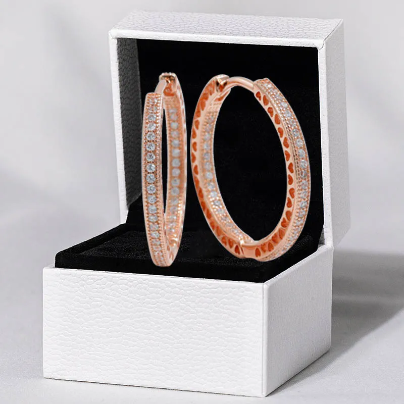Rose Gold Hearts Hoop Ohrring Set authentisches Sterlingsilber mit Originalbox für Pandora CZ Diamond Women Girls Hochzeitsgeschenkkreis Ohrringe