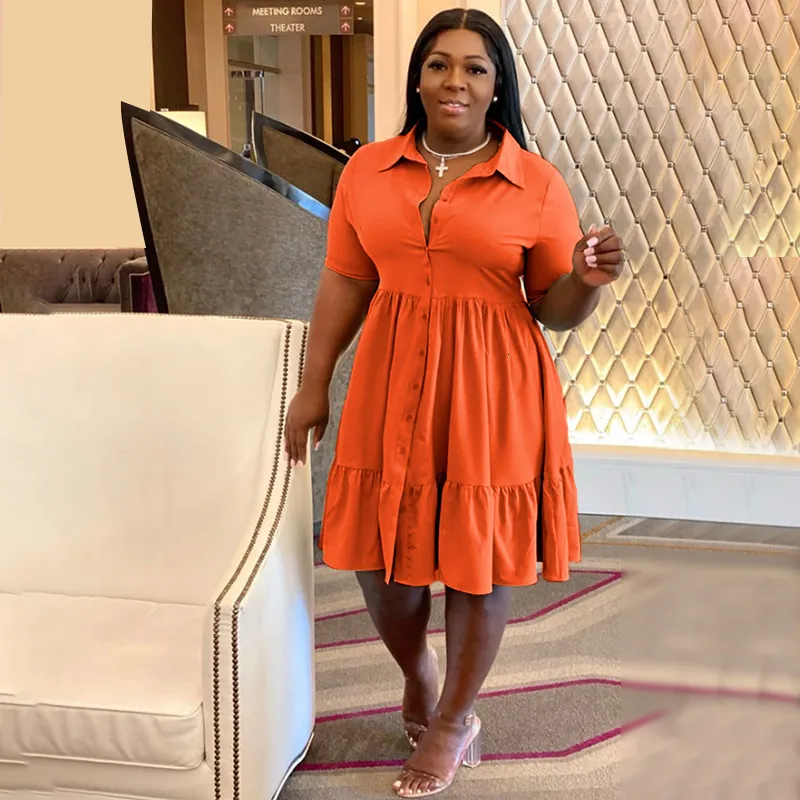 CMYAYA Elegant Orange Plus Size Womens Short Sleeve Pleated Dress
