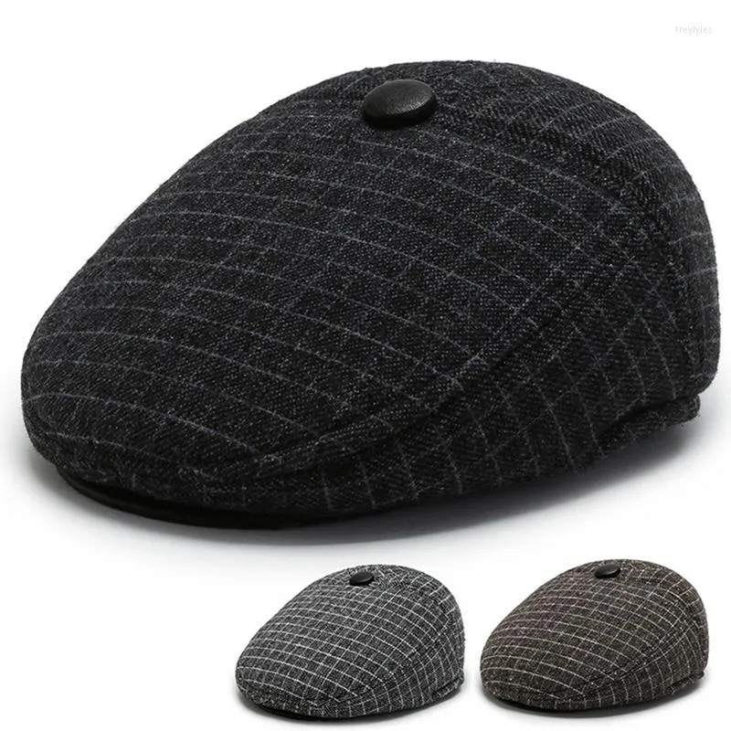 Berets Classic Man Cap Autumn Winter Hat with Ear Flap Starszy mężczyzna tata ciepły sboy bluszcz płaska wełna mieszanka męska beret