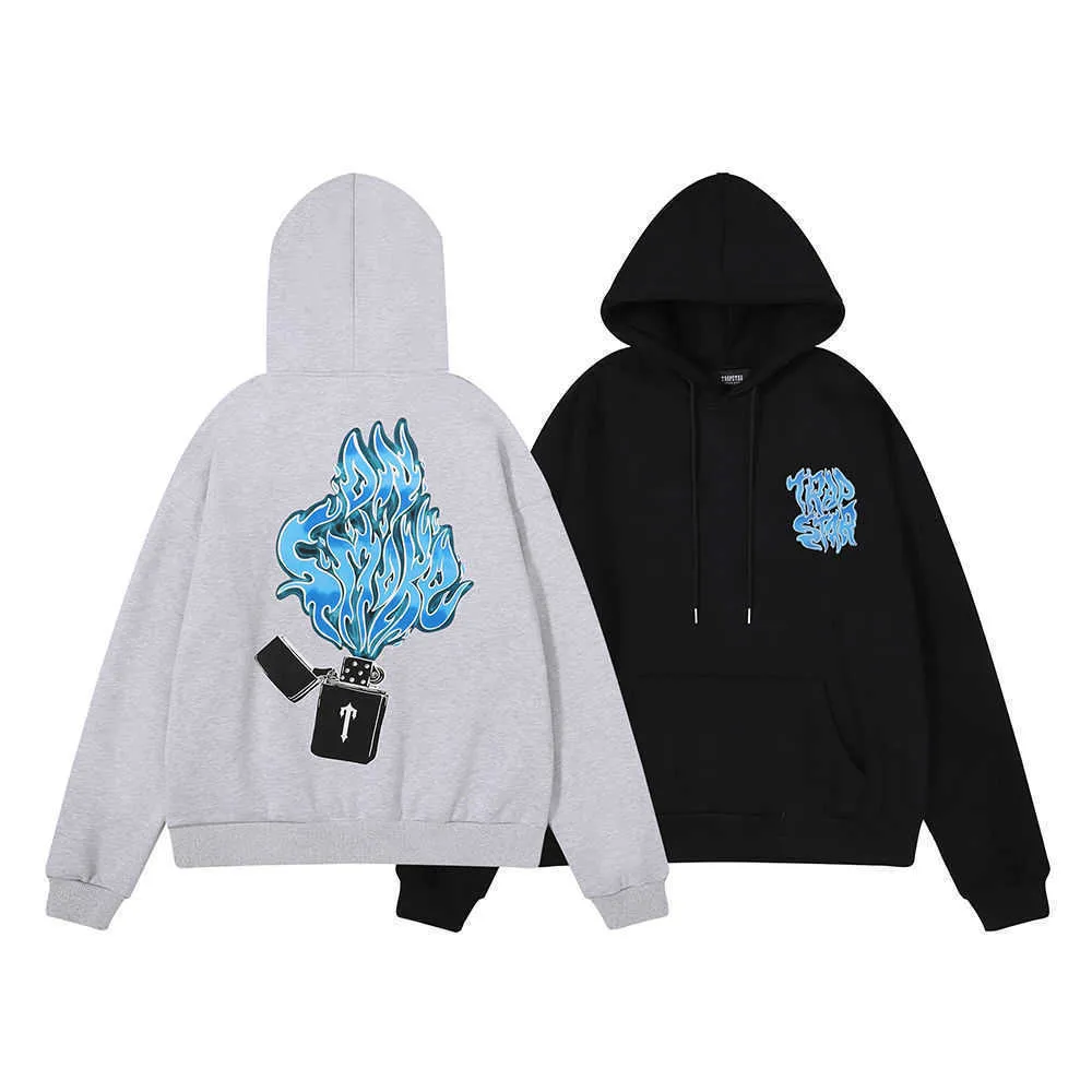 Trapstar Hoodie Ligher Blue Flame Print Хлопт осень и зимний флис теплый случай повседневного капюшона для мужчин женщин