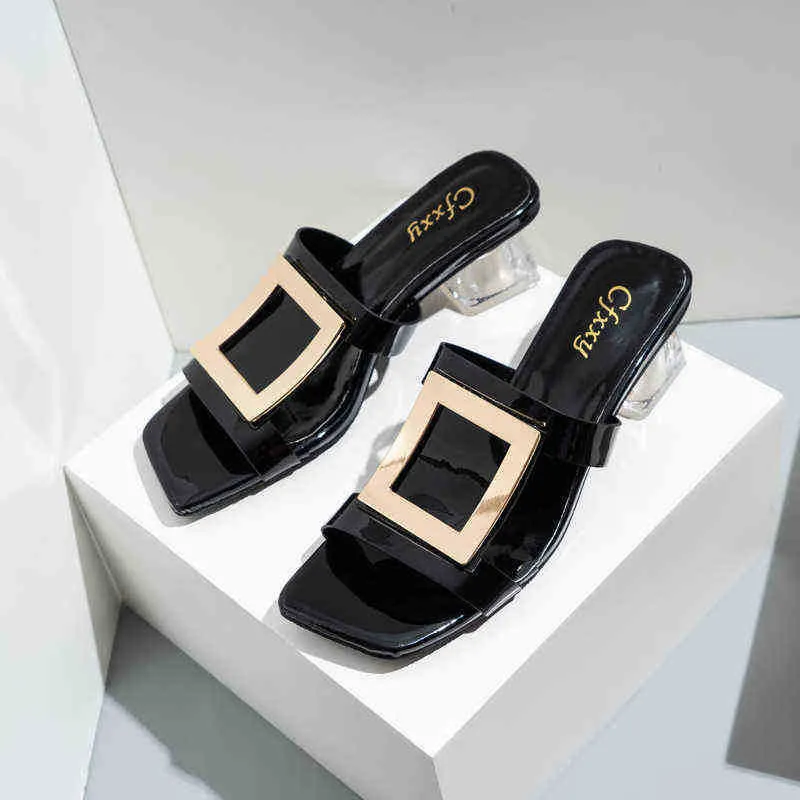 Modeblock metallfyllare 2021 sommar kvinnor tofflor damer sandaler fyrkantiga tå transparenta med klackar eleganta kvinnliga bilder j220716