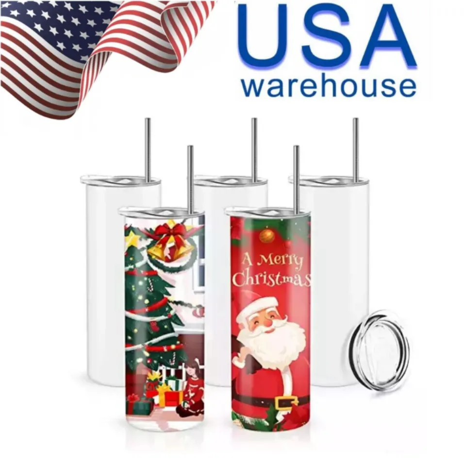 USA Warehouse Sublimation Tumblers Blank20 Oz White Straight Blanks Heat Press Mug Cup Straw16oz Glass Cola Can Can Bamboo Lid SS1119