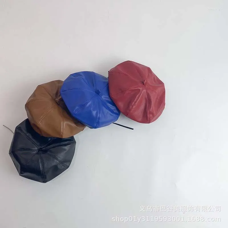 Berets Herfst Winter Kid Beret Hat PU Leer achthoekige meisjes Beanies Caps Solid Color Drawing Retro Painter Cap Gift