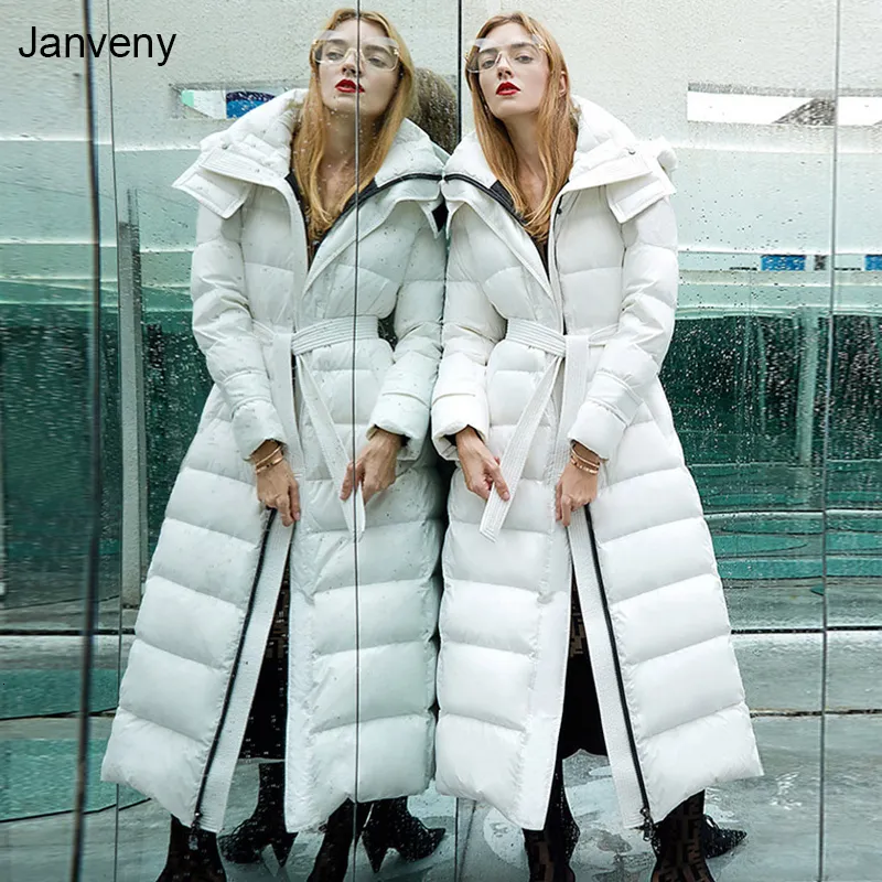 Mulher Down Parkas Janveny Long Puffer Jacket Women Winter 90 Casaco de pato branco Feather Frexy fêmea com neve de cinto 221121