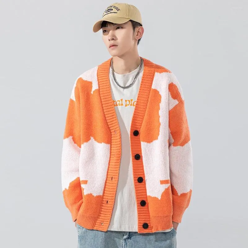 Männer Pullover Herbst Gestrickte Pullover Jacke Männer Hip Hop Streetwear Kuh Muster Harajuku V-ausschnitt Pullover Taste Strickjacke Jumper Männlich