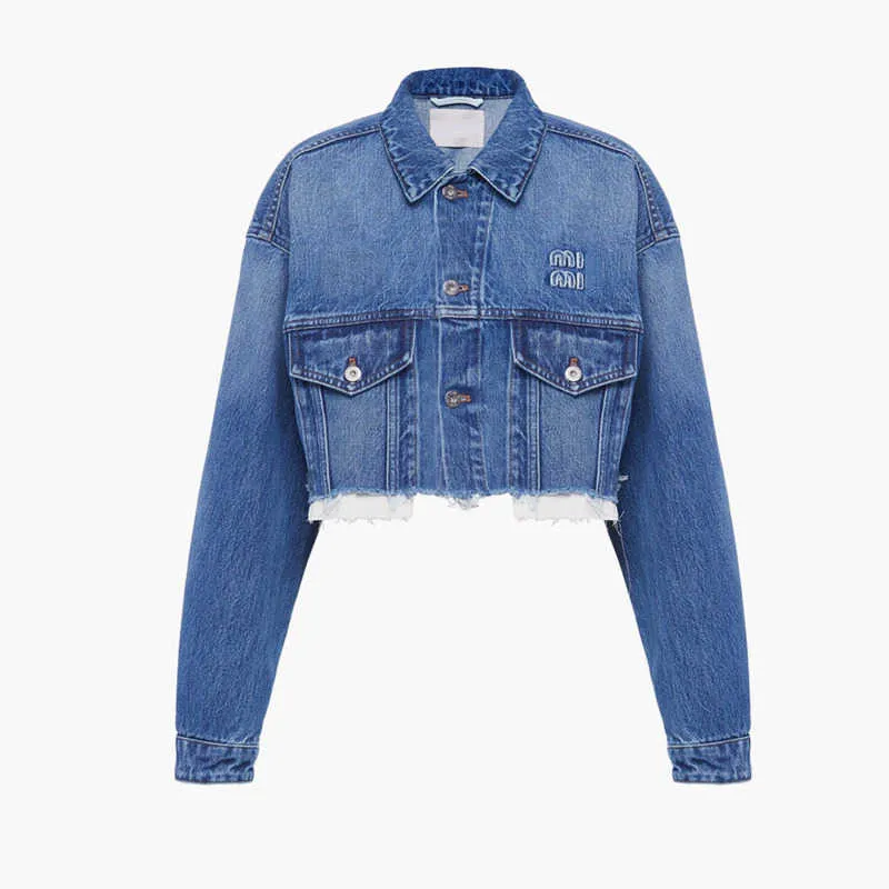 Miu Womens Denim Jackets Embroidered Letter Design Short Denim