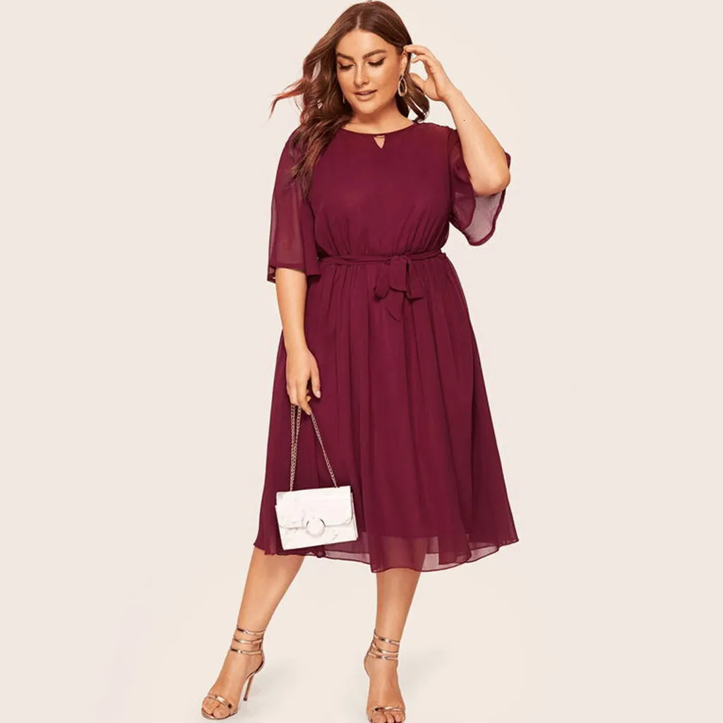 Robes grande taille Robes d'été grande taille pour femmes décontracté O cou demi-manches genou longueur robe mi-longue plage en mousseline de soie fête une ligne robe XL4XL 221121