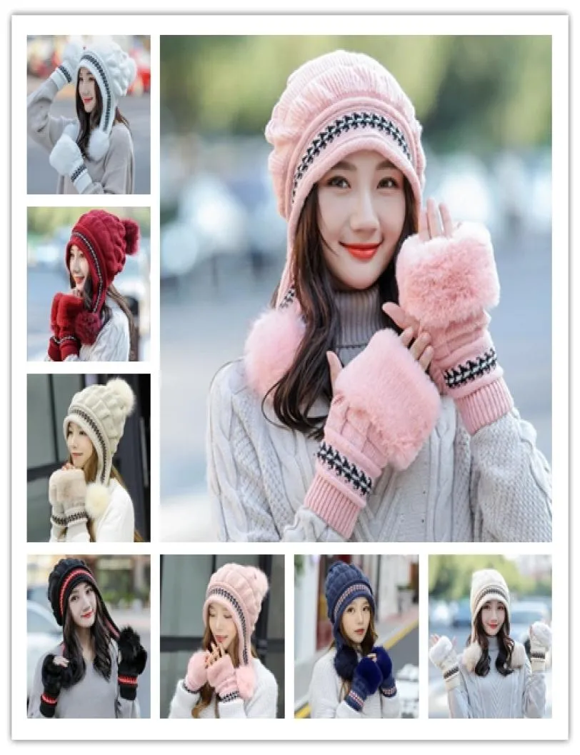 Womens Knit Knitted Ear Muffs And Gloves Set Solid Pompom Beanie Suit
