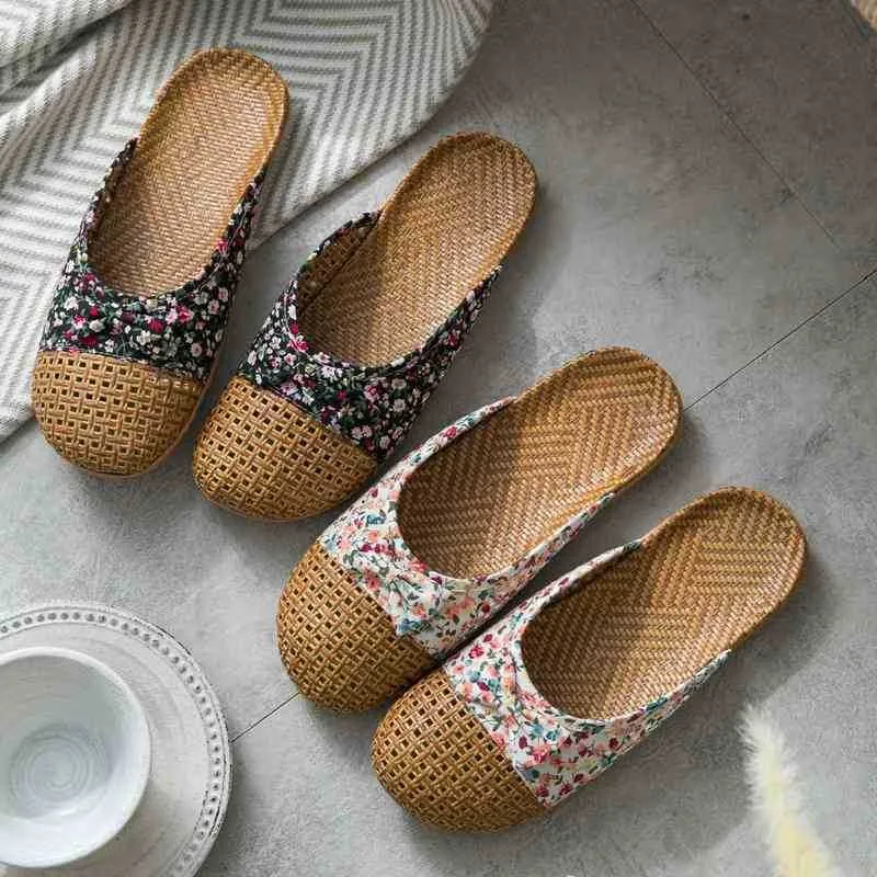 Linen Slippers Home Rattan Sandals Women Slippers Weaving Office Antislip Floor Straw Mat Baotou Women Men