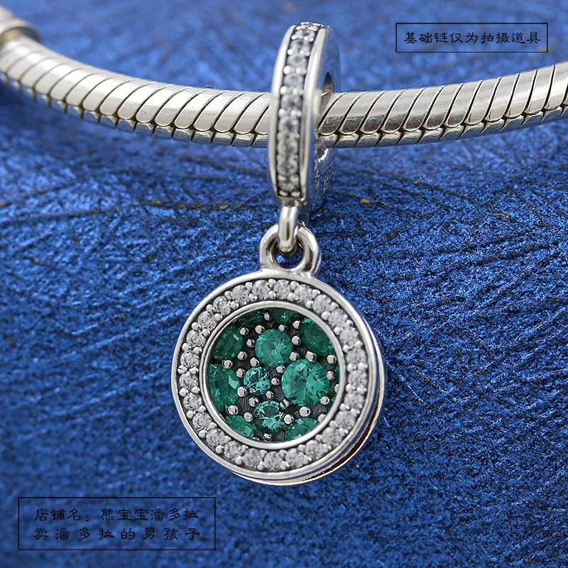 2021 Ny vår 925 Sterling Silver Sparkling Green Disc Double Dangle Pendant Charm Bead Fits European Pandora smycken Charmarmband