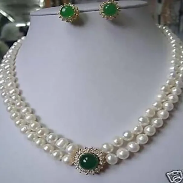 Mode-sieraden Noblest Authentic 8-9mm witte Zoetwaterparel ketting groene Jade oorbellen set