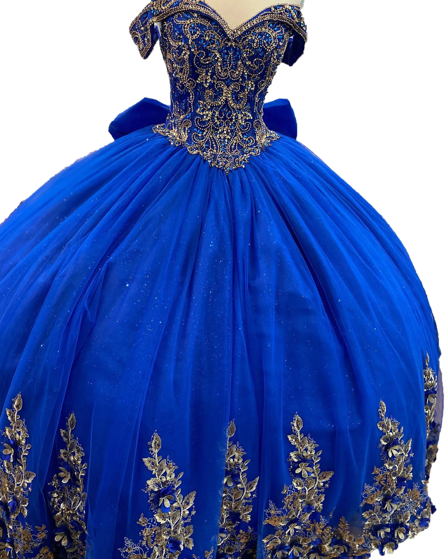 Vestido de bola floral azul royal vestido de bola de bola de bola de tamanho mais arco.