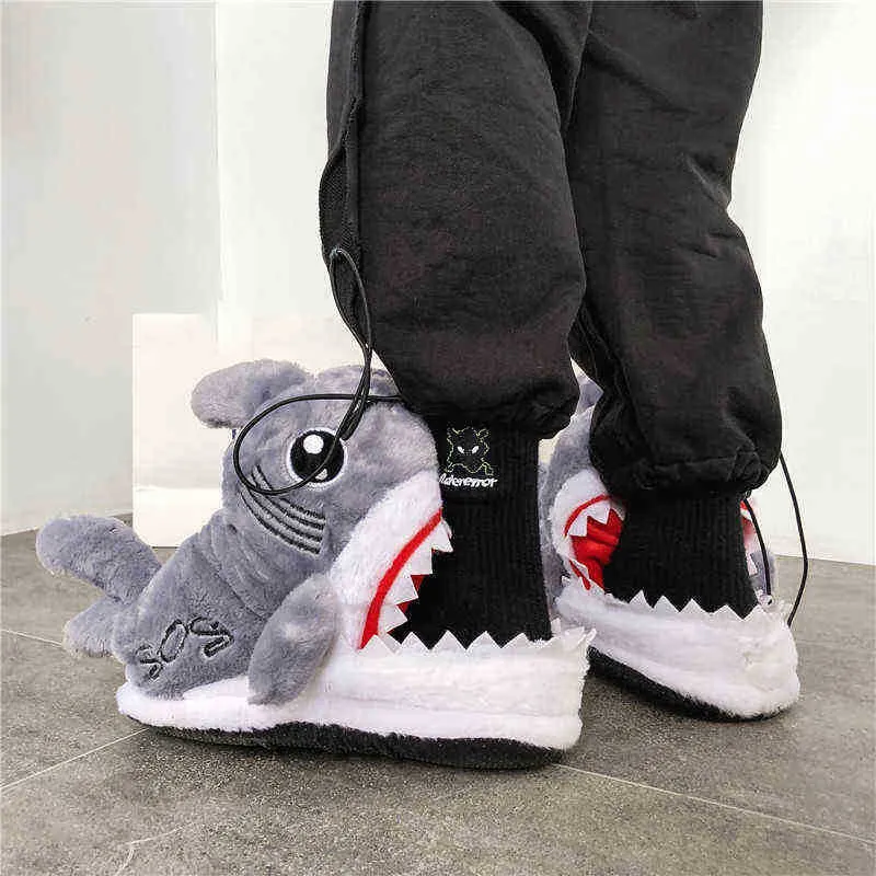 Divertido Animal Tiburón Mujeres Hombres Zapatillas de interior Cálido Fondo suave Dibujos animados Zapatos de pescado Regalos SlipOn Mujeres Fluffy Animal Zapatillas J220716