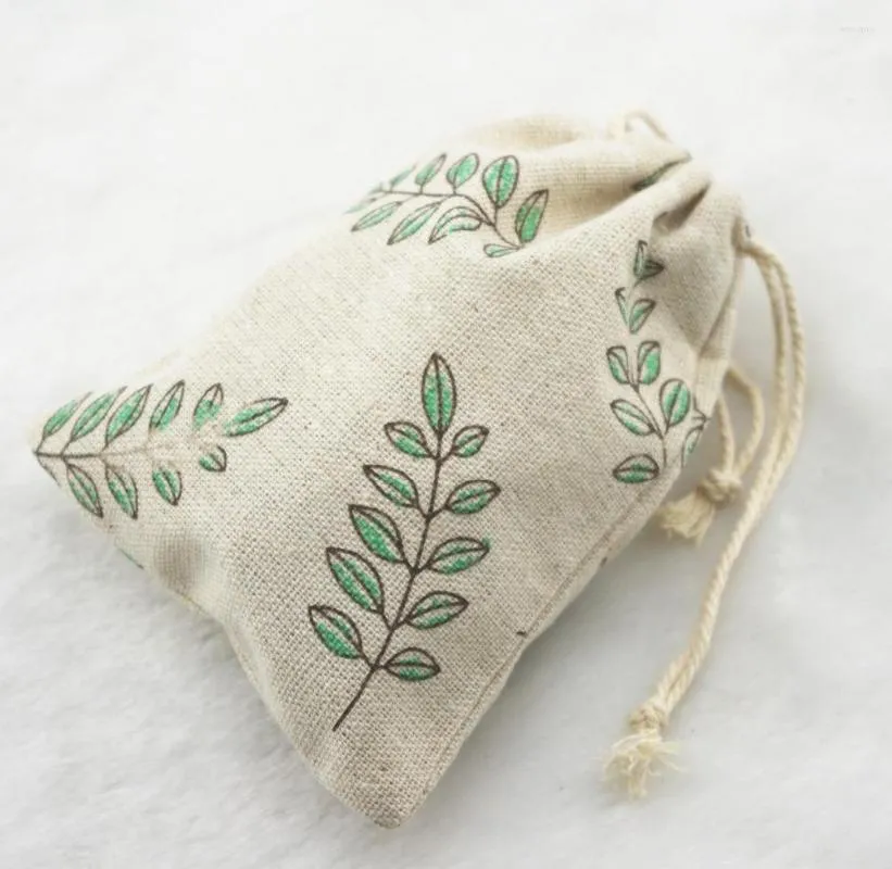 Emballage cadeau 10x14cm feuilles vertes Vintage coton toile de jute Jute faveur bonbons sacs pochettes de fête de mariage