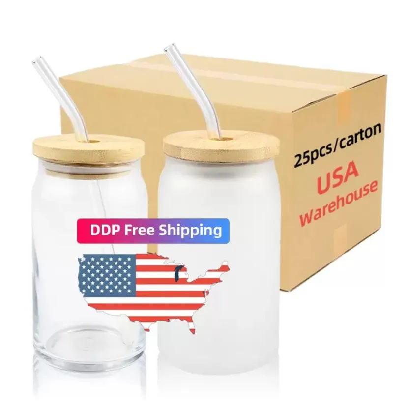 US STOCK Sublimation Glass Beer Mugs with Bamboo Lid Straw DIY Blanks Frosted Clear Can Tumblers Cups Heat Transfer Cocktail Iced Coffee Soda Whiskey ss1121