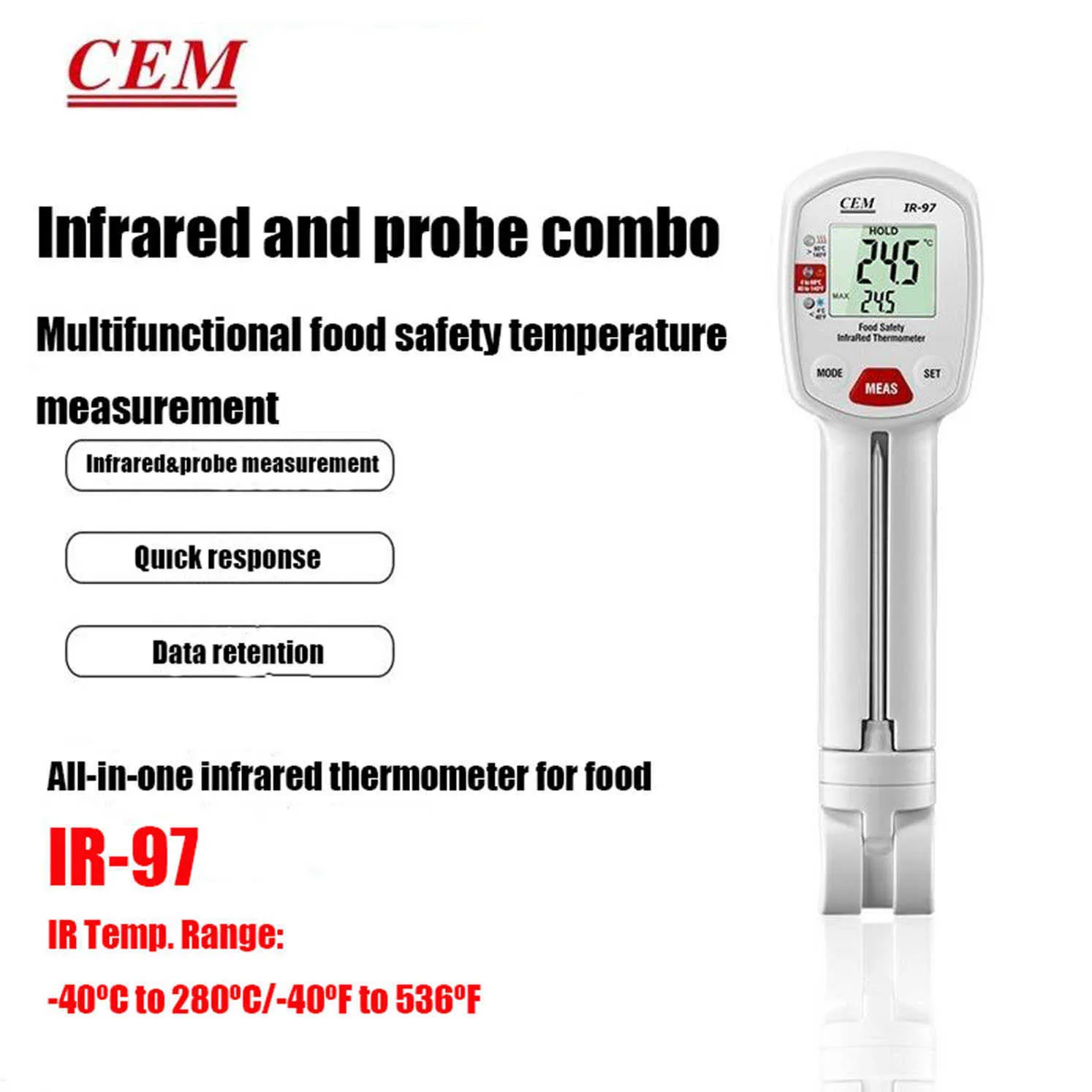 CEM IR-97 Thermomètre alimentaire à aiguille infrarouge Thermomètre de sécurité multifonctionnel Type de broche Thermomètre central Sonde à viande.