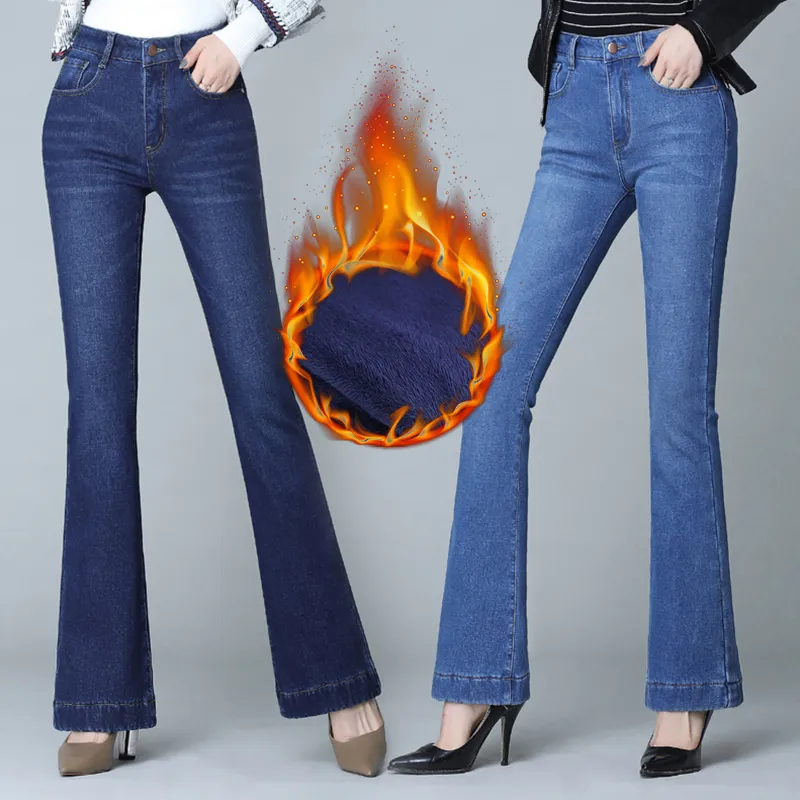 Jeans da donna Pantaloni svasati in pile invernale Moda donna Vita alta Stretch Slim Gambe larghe Pantaloni in denim femminile in velluto Hick 221121