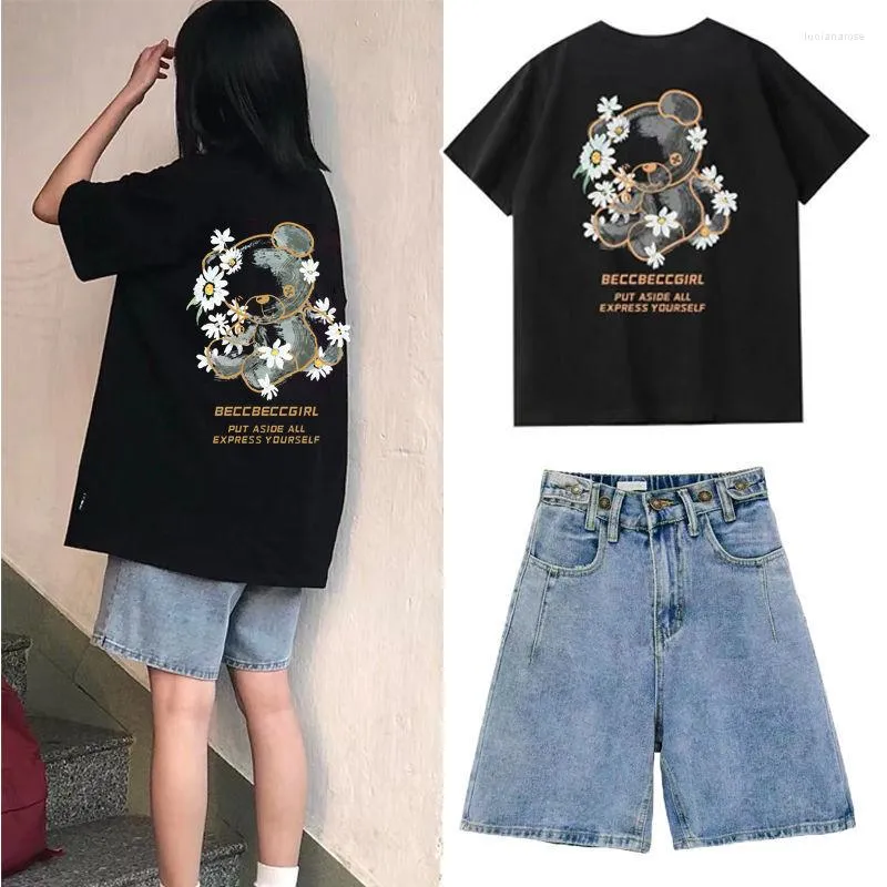 Trass de pista feminina 2022 Camiseta de algodão de verão LOLHA INS Daisy Urso de manga curta Jeans calças de cinco pontos