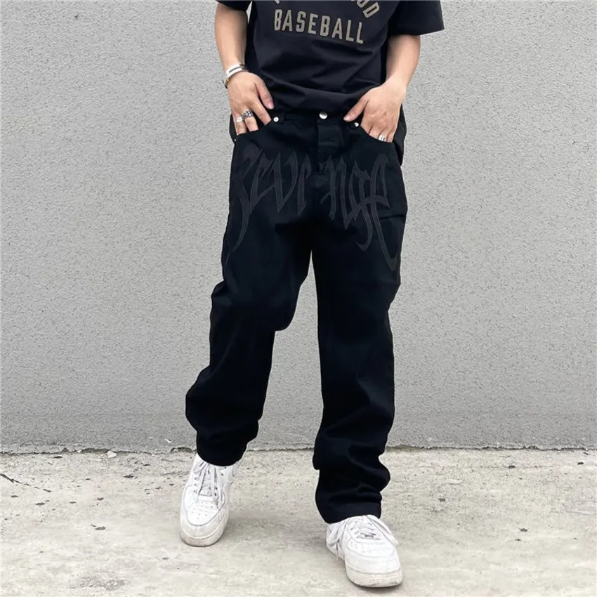 Trainingspakken voor heren Y2K Emo Herenmode Zwart streetwear Geborduurd Laagbouw Casual jeansbroek Recht Hip Hop Alt-denimbroek Mannelijke kleding