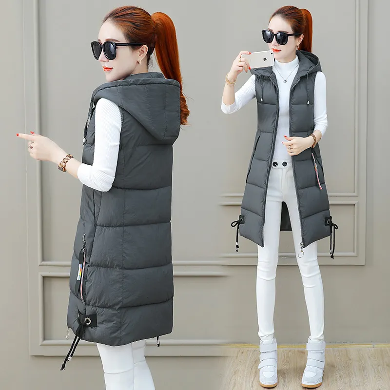 Femmes Down Parkas Gilet d'hiver Femmes Puffy Chaud Veste à capuche sans manches Long Manteau Femme Lâche Outwear Plus Taille 4XL Vêtements de neige 221121