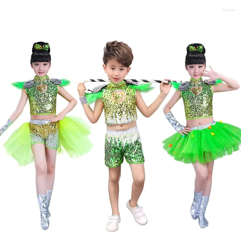 Vêtements de scène garçon ou fille Sequin Jazz Costume vert rose rouge Hip Hop danse moderne Performance jupe Costume robe vêtements