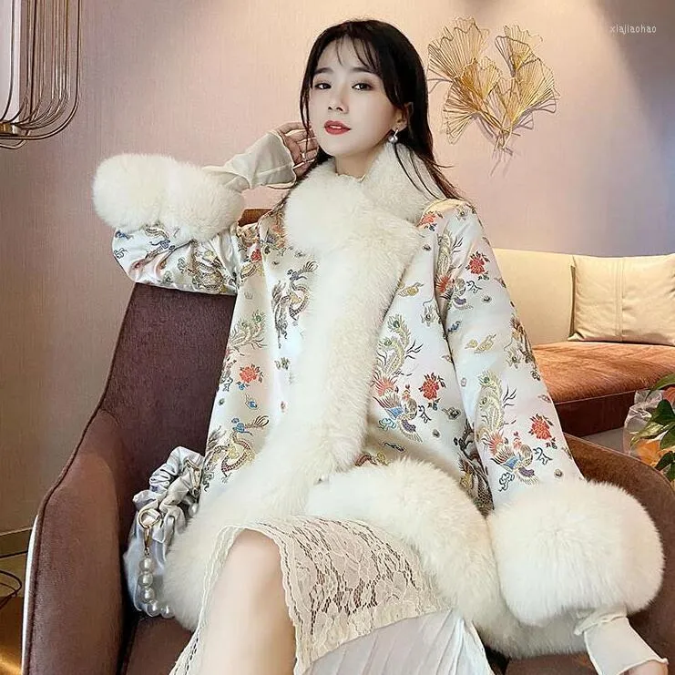 Women's Fur HIGH QUALITY Winter Chinese Style Embroidery Flower Silk Spliced Faux Coat Women Jacket Mid Long Outerwear MT154
