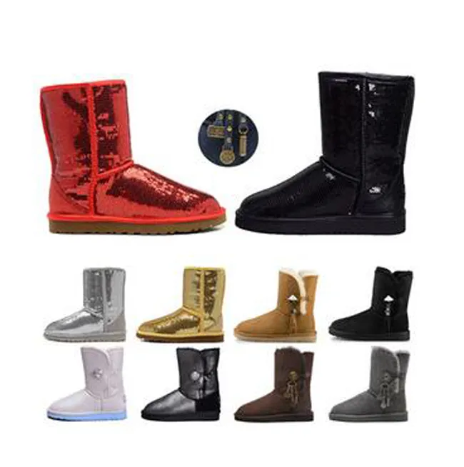 Dameslaarzen Glitter Pailletten WGG Klassieke designer Sneeuwwinterlaarzen Enkel Mini Korte Knieknop Bling Boot directe verkoop