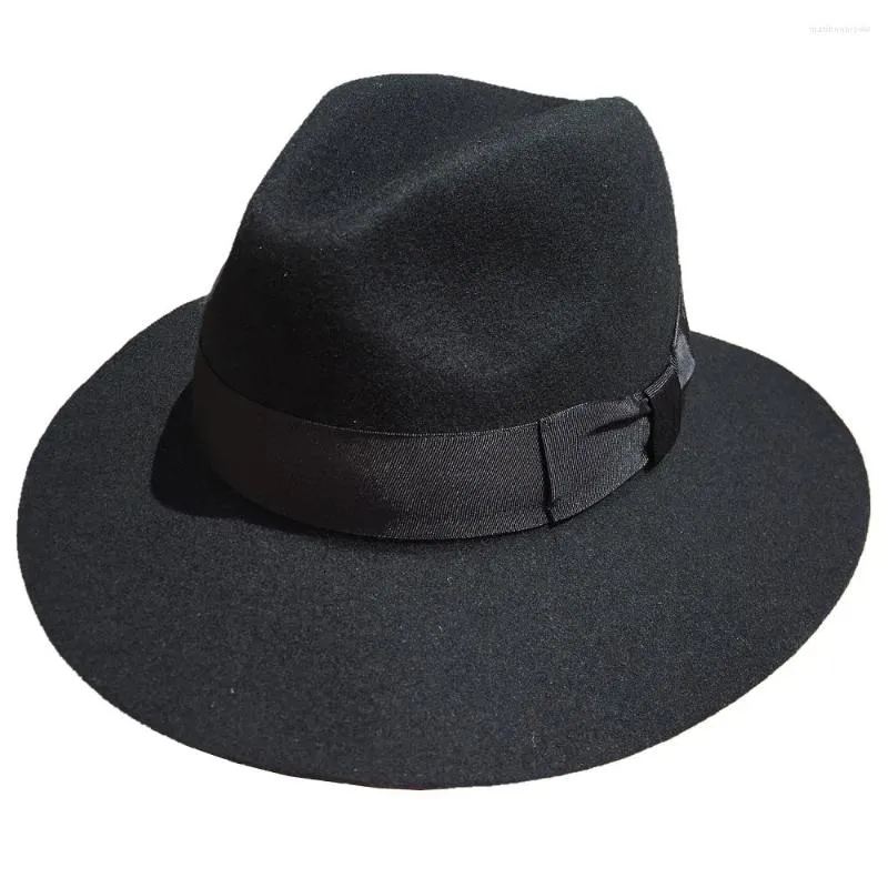Berets Fashion Black Wol Filt Wide Fedora Hat voor mannen of vrouwen -7 cm