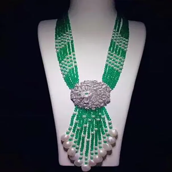 AAA Natural 6ROW 4MM خضراء Jade Bead Necklace Leopard Head inlay Zircon Accessories Flower Tassel Long Sweater Netclace