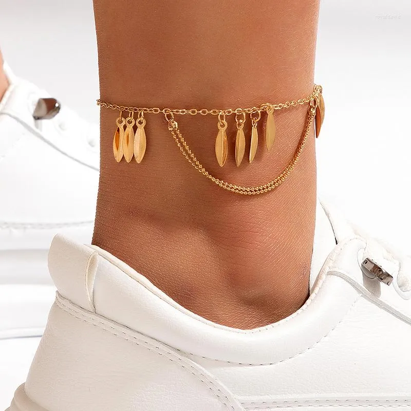 Bracelets de cheville bohème feuille pied chaîne charmes gland pour femmes hommes alliage métal pieds nus sandales réglable bijoux 21530