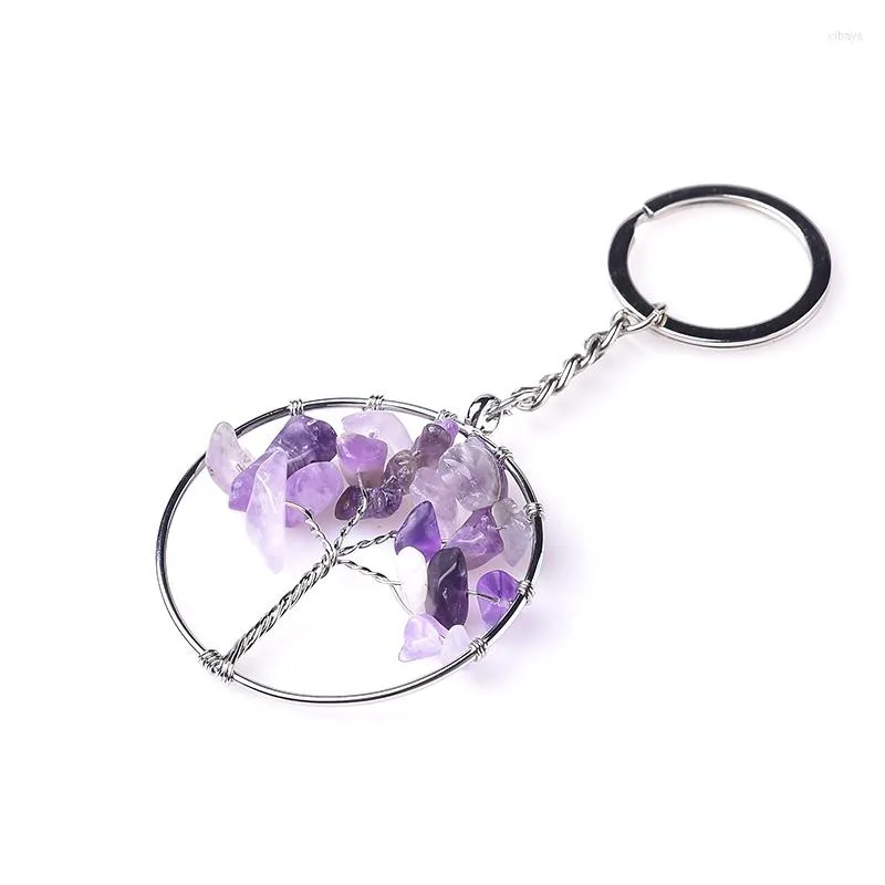 Decoratieve beeldjes Key Ring Natuurlijke kristal edelsteenboom van het leven hanger Minerale sieradenketens Zeven ChakraS -tas Accessoires Quartz