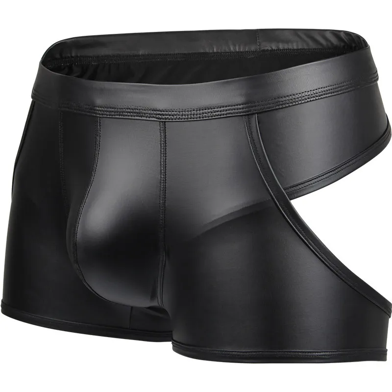 Mutande in similpelle Mens Sexy Intimo brevettato Hollow Stage Nightclub Boxer Mutandine gay Senza schienale Tanga Hombre