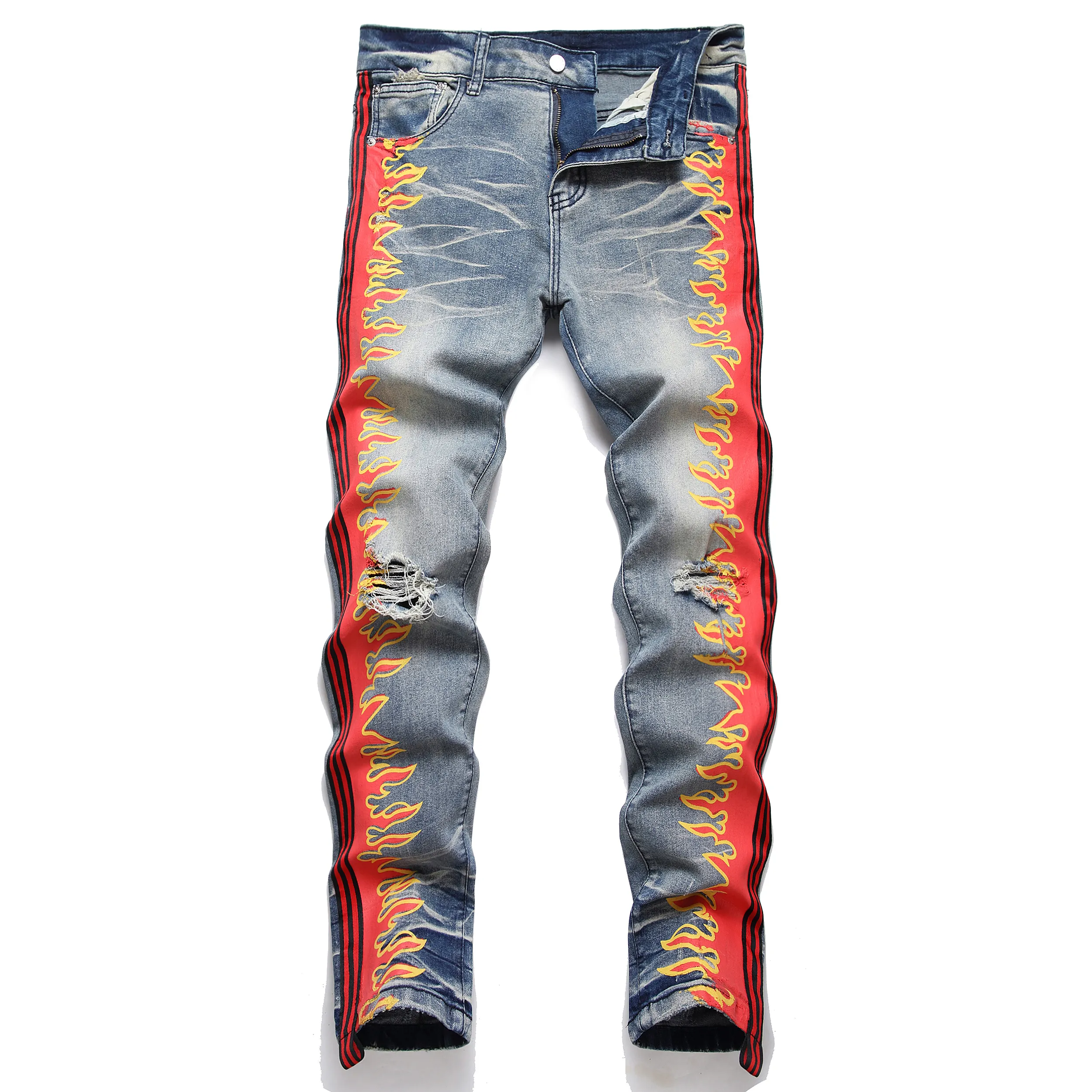 Calça de jeans masculina homens strpe fogo jeans streetwear punk botões