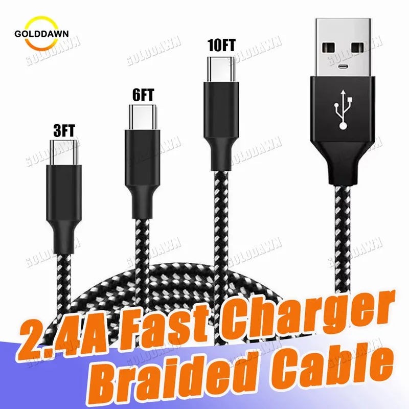 Nylon Braided Cables For Smartphone charging cord 3ft 6ft 10ft Fast Charger 2.4A Mobile Phone USB Charger data Cable