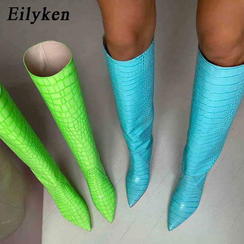 Fashion Boots Brand Fluorescent Green Blue Crocodile Leather Women Knee High Boots Heels Pointed Toe Spring Autumn Long Shoes Black 220913