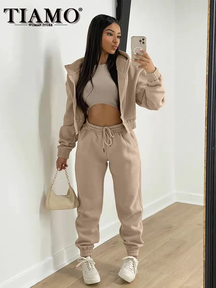 Womens Two Piece Pants TIAMO 3 Sets Outfits Fashion Solid Color Plush Hooded Sweater Harun Sports Casual Suit Wholesale Drop 221121