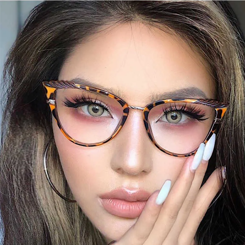 Sunglasses Frames Fashion Cat Eye Glasses Frame For Women TR90 Blue Light Optical Decorative Glasses Sexy Leopard Metal Eyewear Transparent T2201114