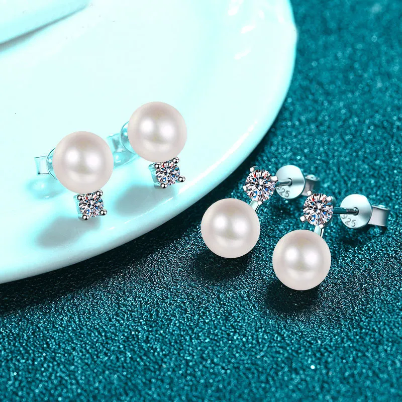 Stud 925 Sterling Silver Earring for Women Freshwater Pearl Diamond with Gift Jewelry Box 221119