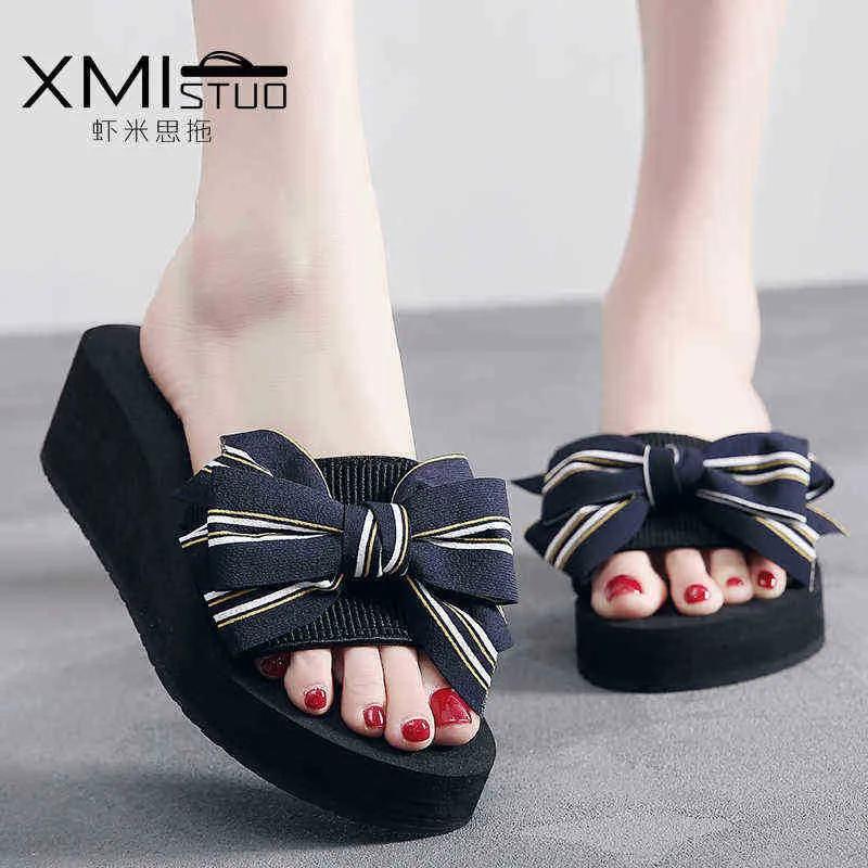 Rot Selling Summer Wedge With Bow Female Fashion Beach FlipFlops High Heels Home Slippers Larger Format Holiday Shoes J220716